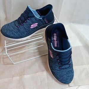 Skechers Womens Hands Free Slip Ins Sneakers Navy Purple Size 7.5W